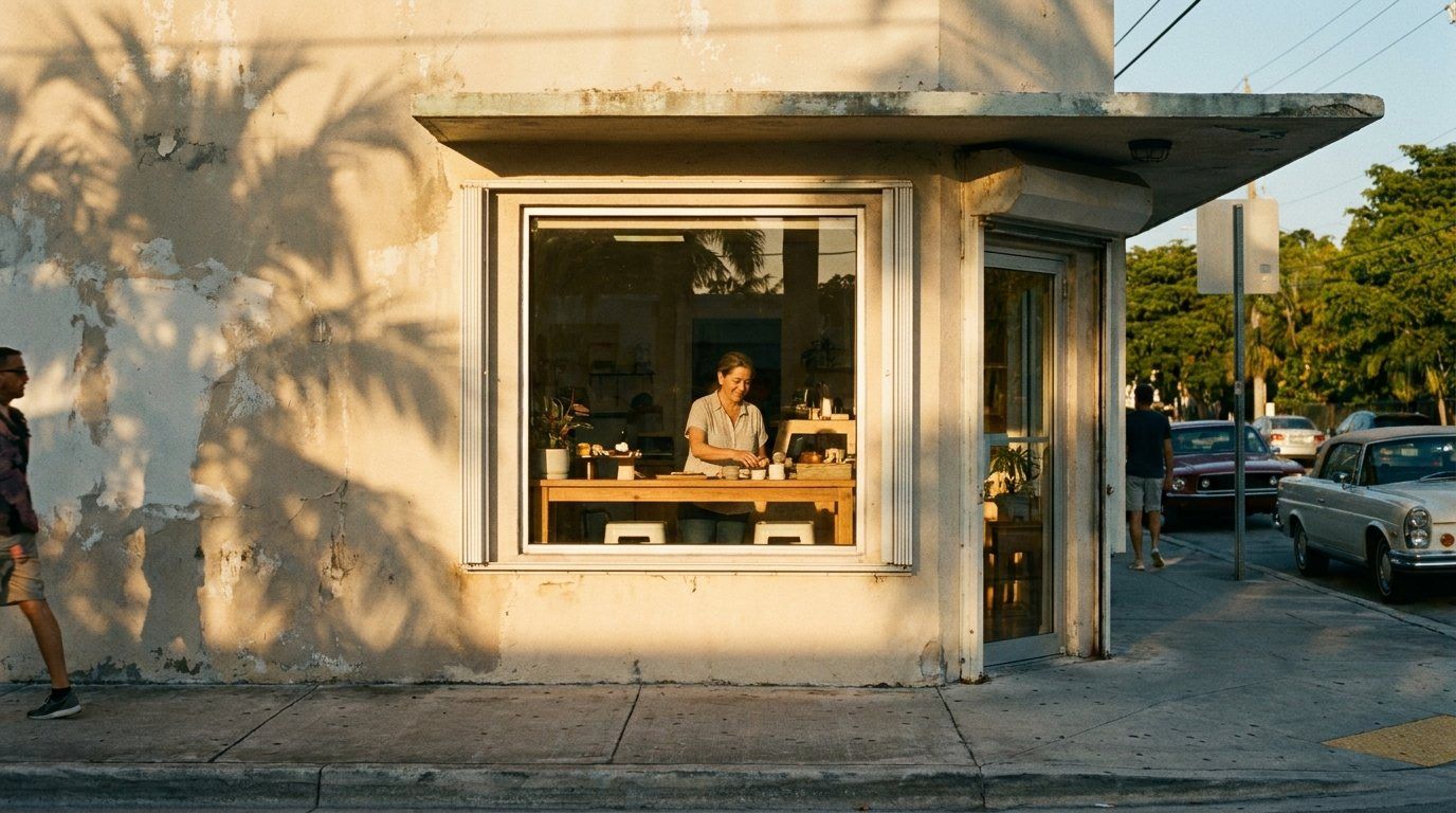 Una tienda pequeña en Miami a la hora dorada