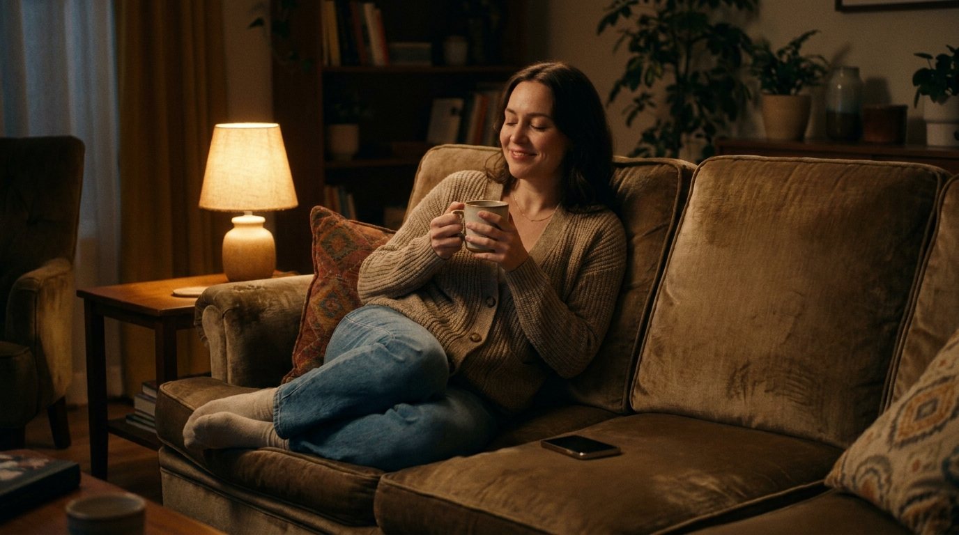 La dueña de la boutique descansando con una taza de té