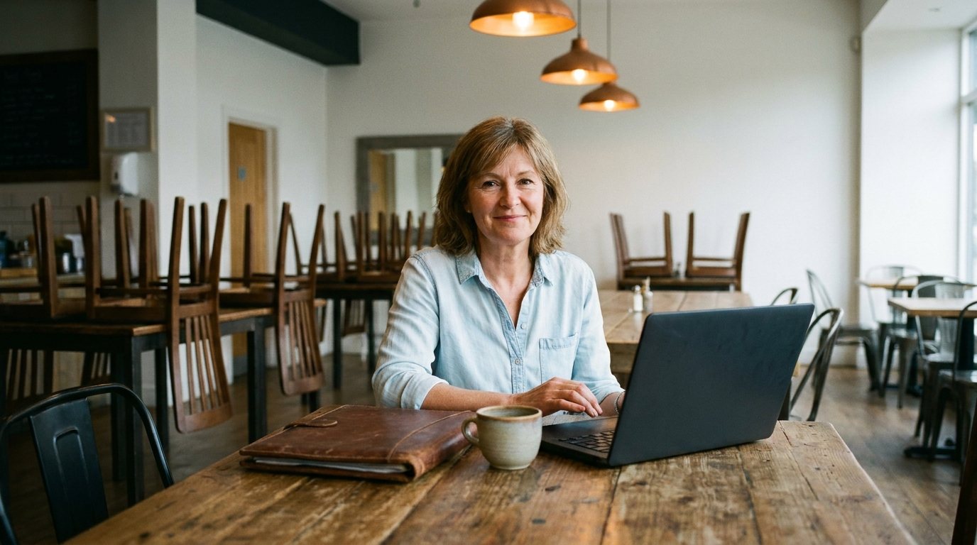 La dueña de la cafetería tranquila en una mesa ordenada