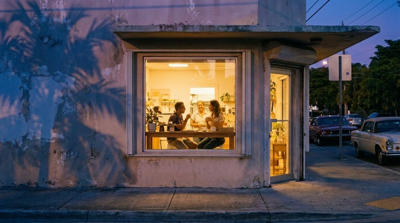 La tienda al anochecer, iluminada y llena de gente